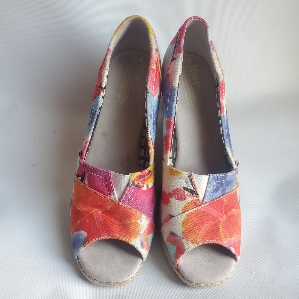 Toms Floral Espadrille Wedge Shoes Women's Size 10